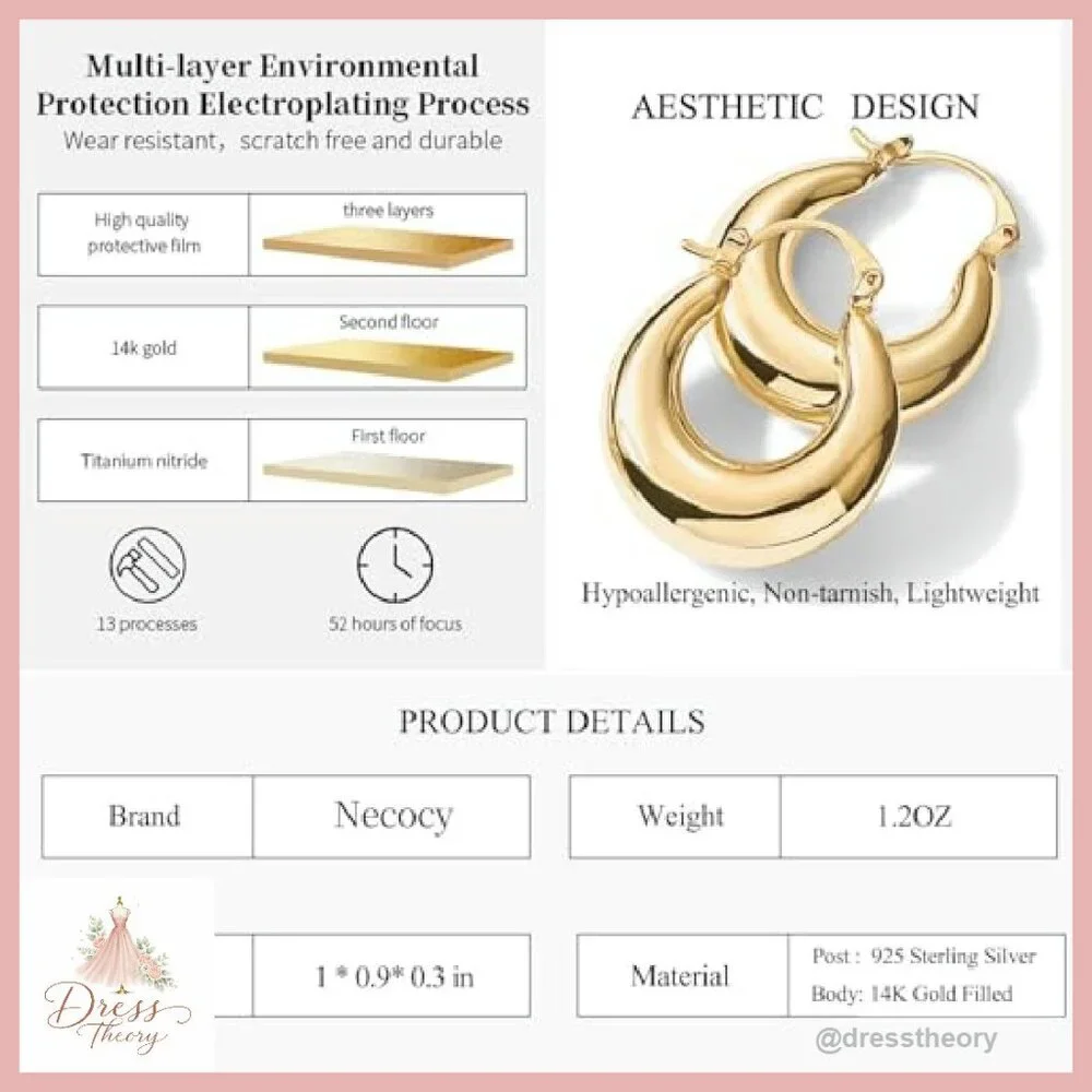 14K Gold Plated Chunky Triple Hoop Earrings Hypoallergenic 30mm - Picture 6 of 8